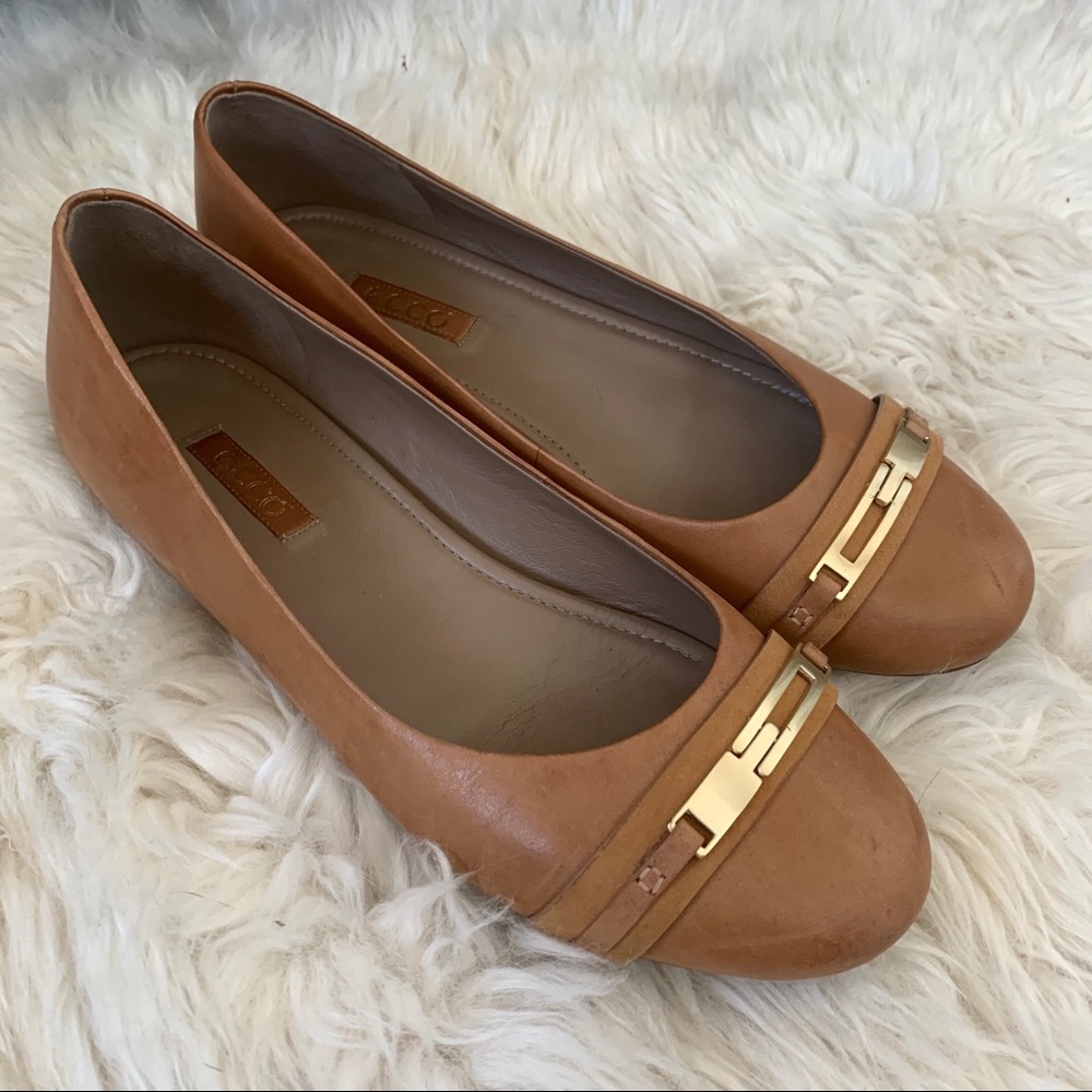 Ecco Brown Leather Gold Metal Ballet Round Toe Flats Slip On 8